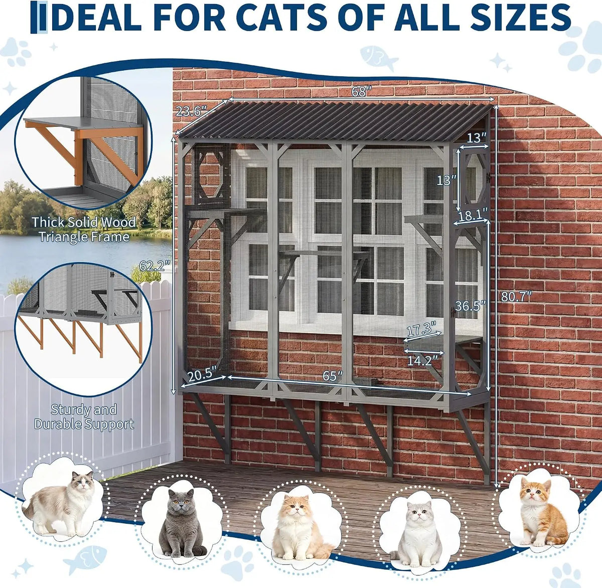 Wooden Window Catio Cat Enclosure With Sturdy Perch For Indoor Pets