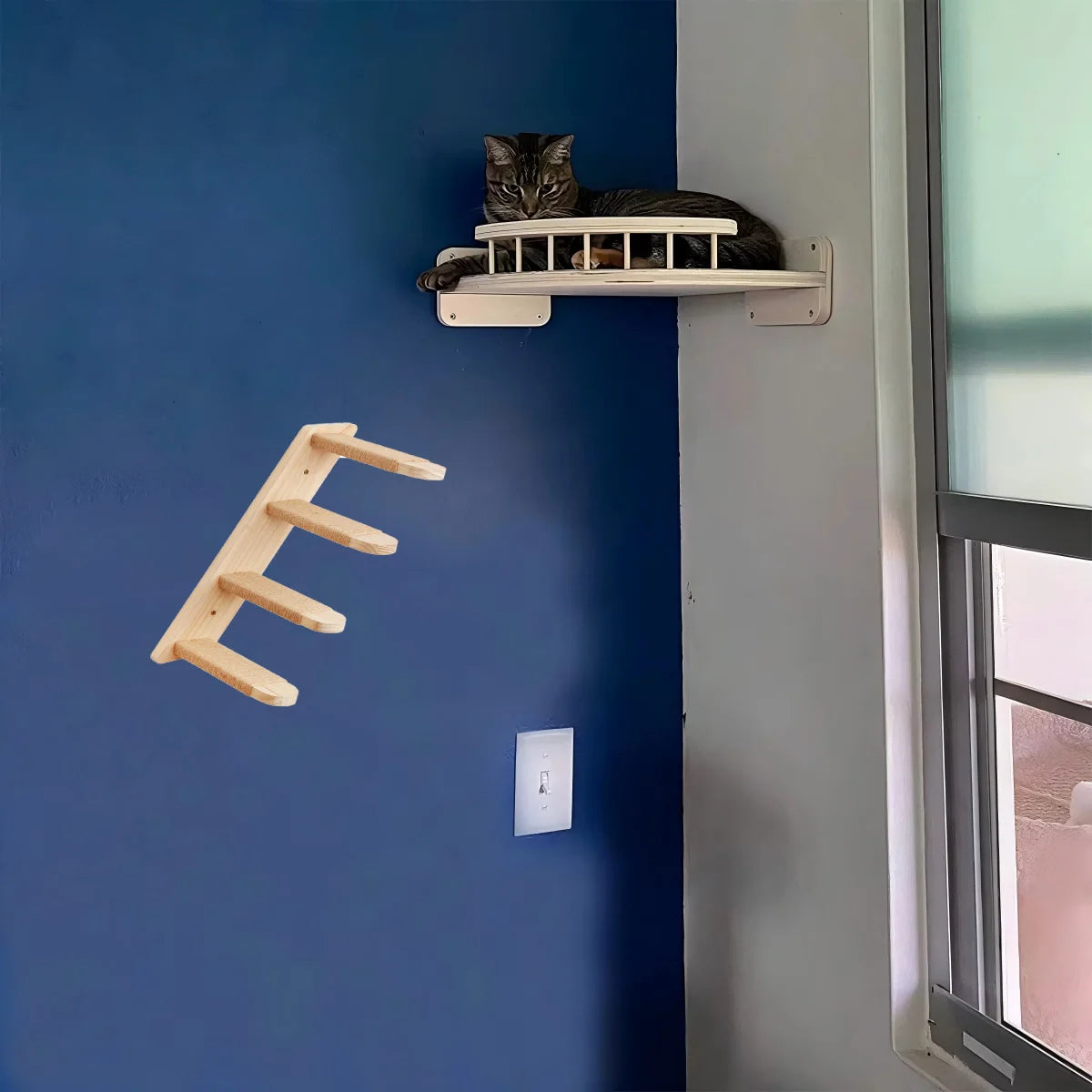 CWV Wall Mounted Corner Cat Wooden Hammock Steps Set
