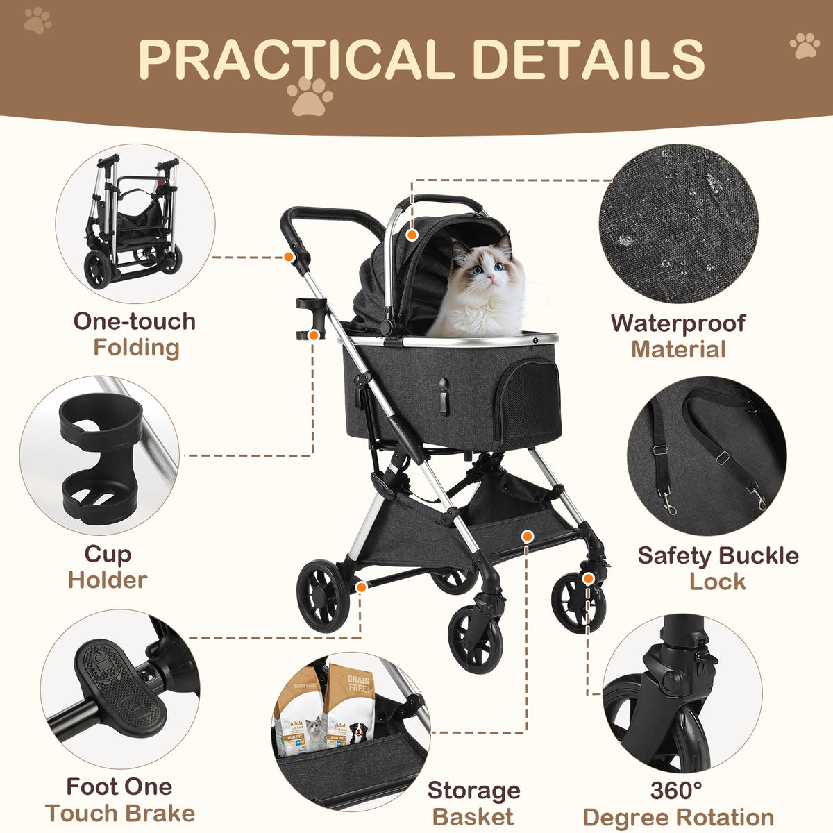 Lightweight Pet Stroller With Quick Fold Design And Detachable Carrier