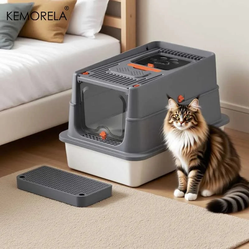 Upgraded Extra Large Enclosed Cat Litter Box with Durable Stainless Steel Base Removable Top for Semi-Enclosed Design High Fence