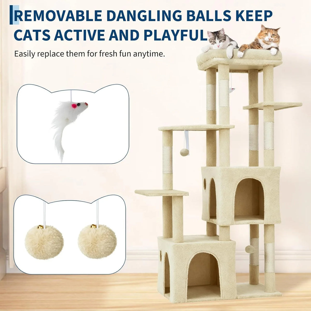 Large Indoor Cat Tree With Scratching Posts And Hanging Toys