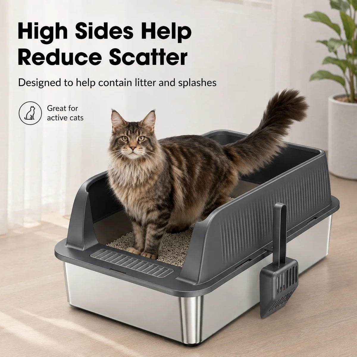 Stainless Steel Cat Litter Box High Wall Semi Enclosed Open Cat Toilet Anti Scatter Litter Pan with Scoop for Large Indoor Cats
