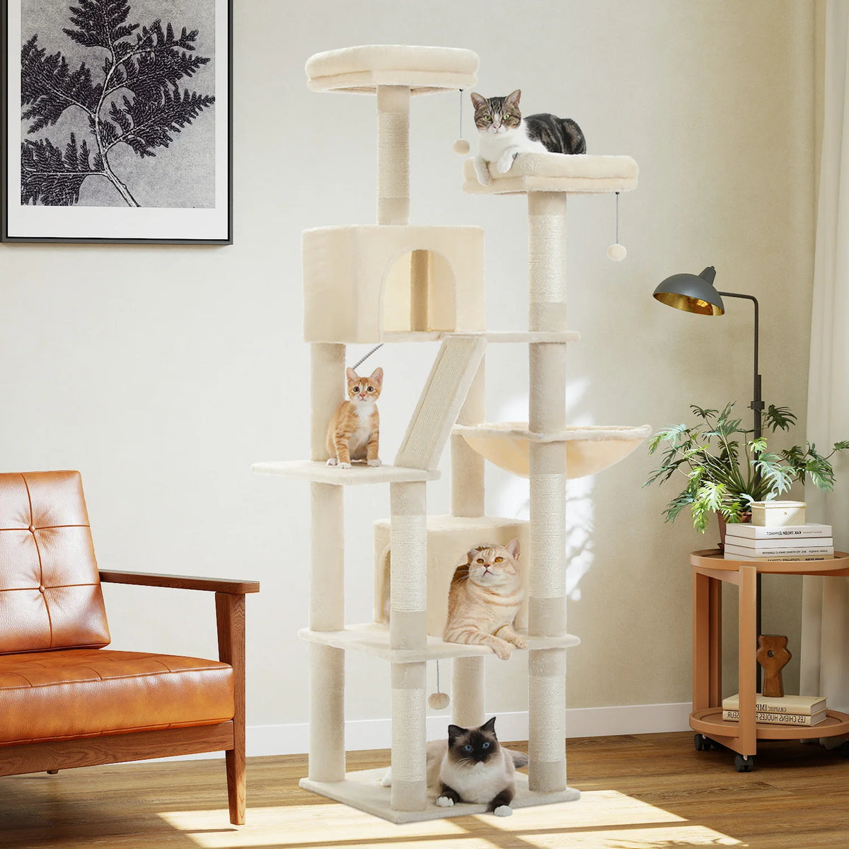 PEQULTI Multilevel Wooden Cat Tree With Scratching Posts And Hammock