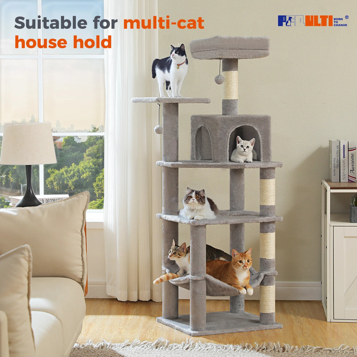 Pequlti Multi Level Cat Tree With Hammock And Sisal Posts