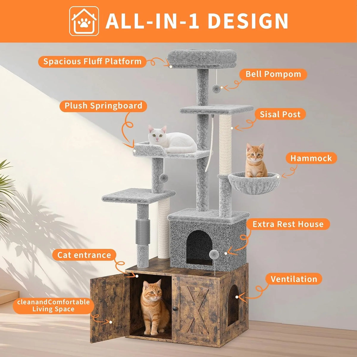 Modern Cat Tree With Hidden Litter Box Condo And Hammock