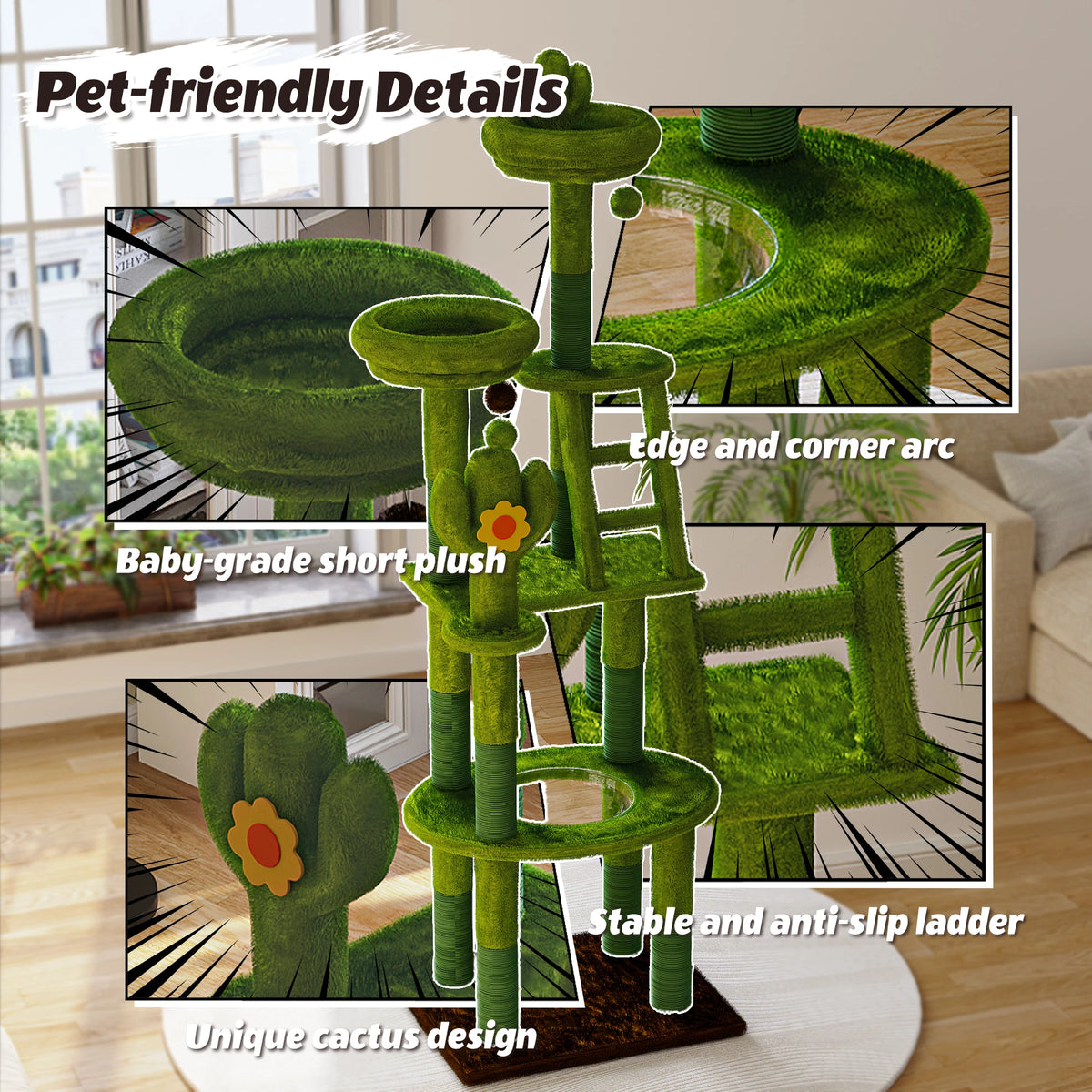 72" Cactus Cat Tree with Transparent Capsule, Tall Cat Tower Condo with Sisal Scratching Posts, Plush Perches & Hanging Toys, Multi-Level Activity Center for Large Indoor Cats