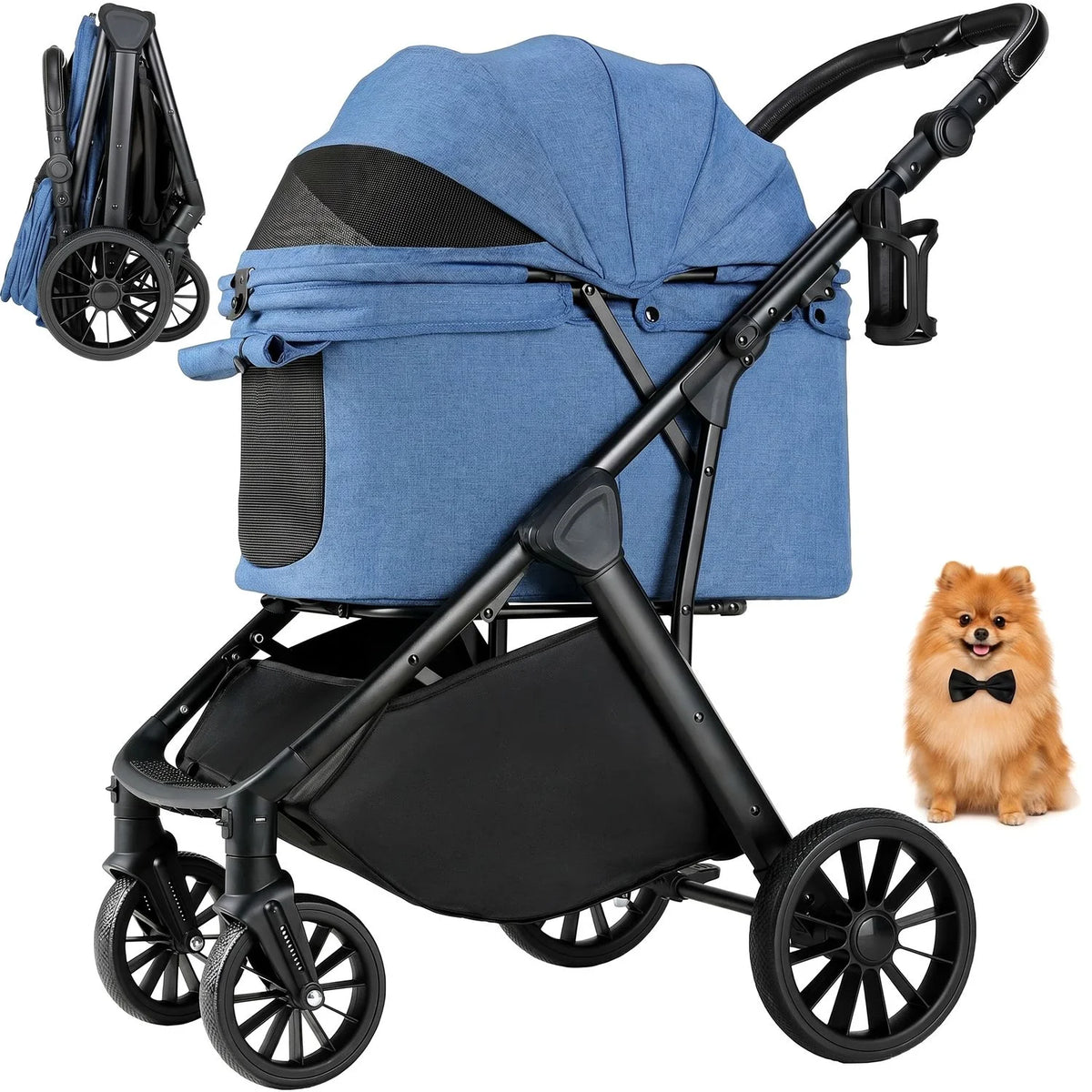 Foldable Pet Stroller With Shock Absorbers And Sun Shade