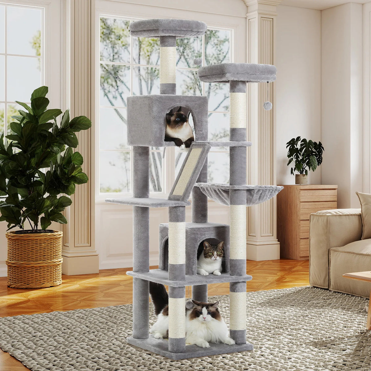 PEQULTI Multilevel Wooden Cat Tree With Scratching Posts And Hammock