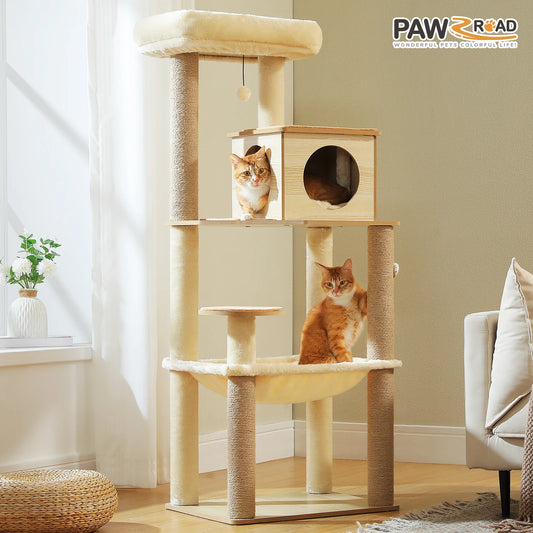 Pawz Road Wood Cat Tree with Sisal Posts Hammock Condo