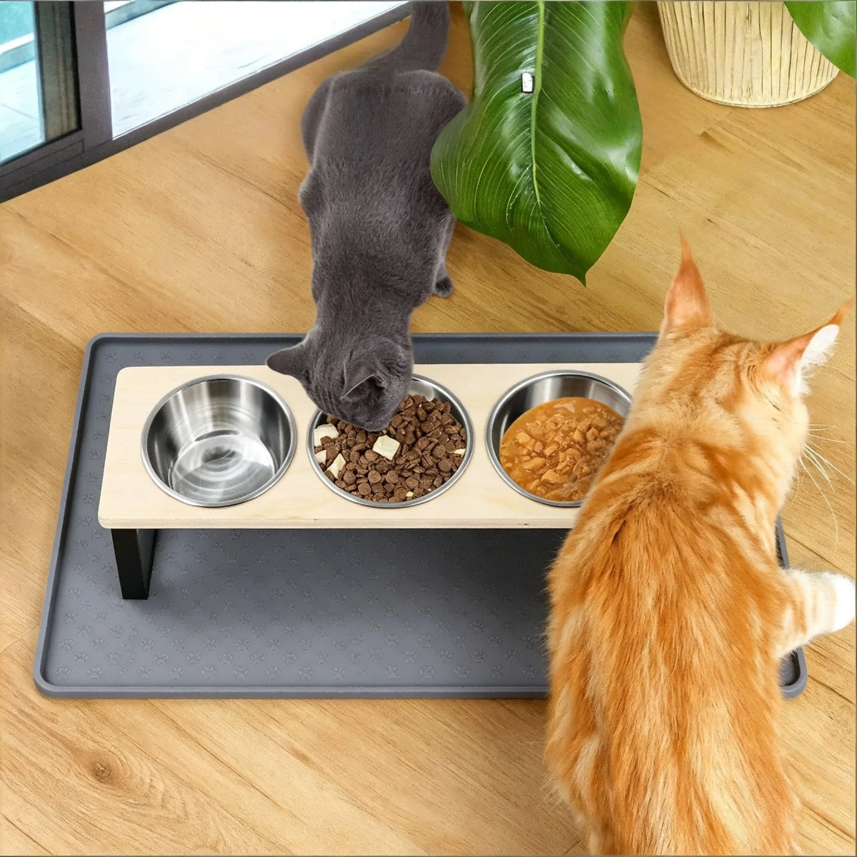 Elevated Cat Feeder With Bamboo Base And Stainless Steel Bowls