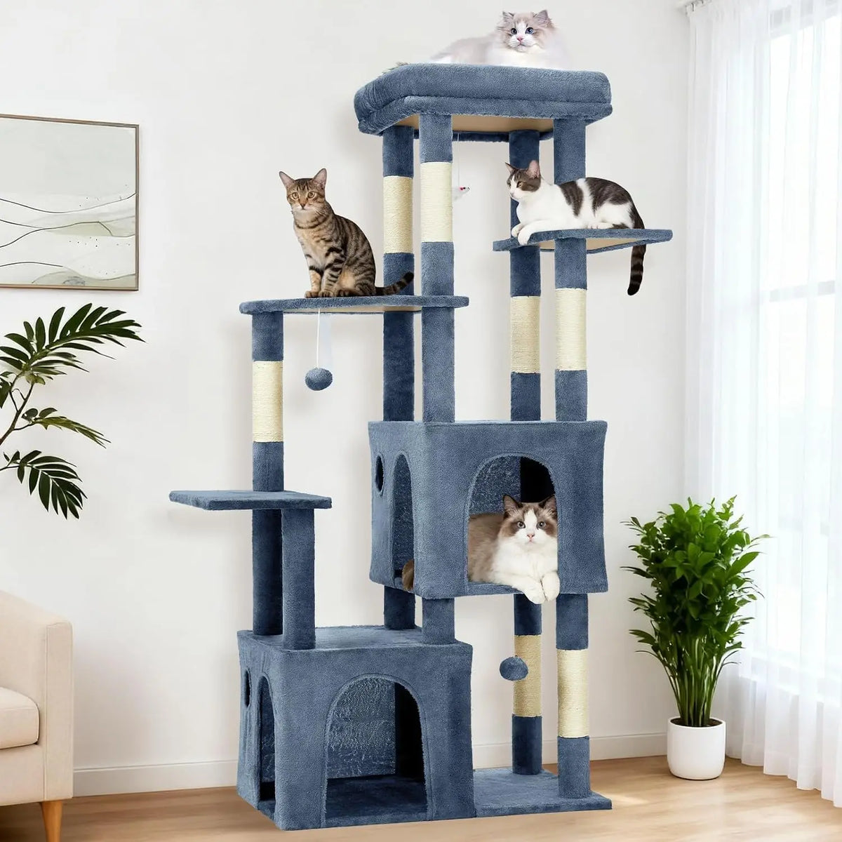 Large Indoor Cat Tree With Scratching Posts And Hanging Toys