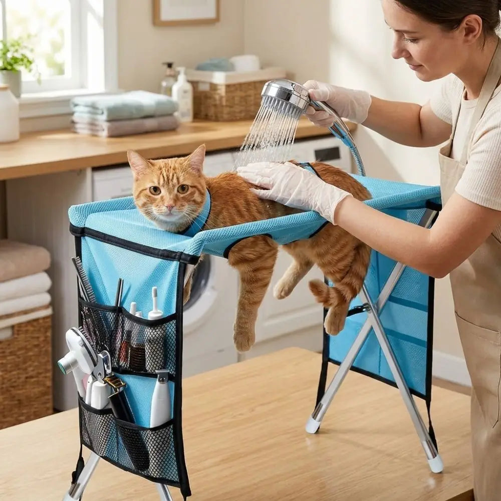Folding Pet Grooming Hammock Anti-Scratch Quick Drying Pet Washing Station Sturdy with Support Frame Dog Grooming Table Pet Care