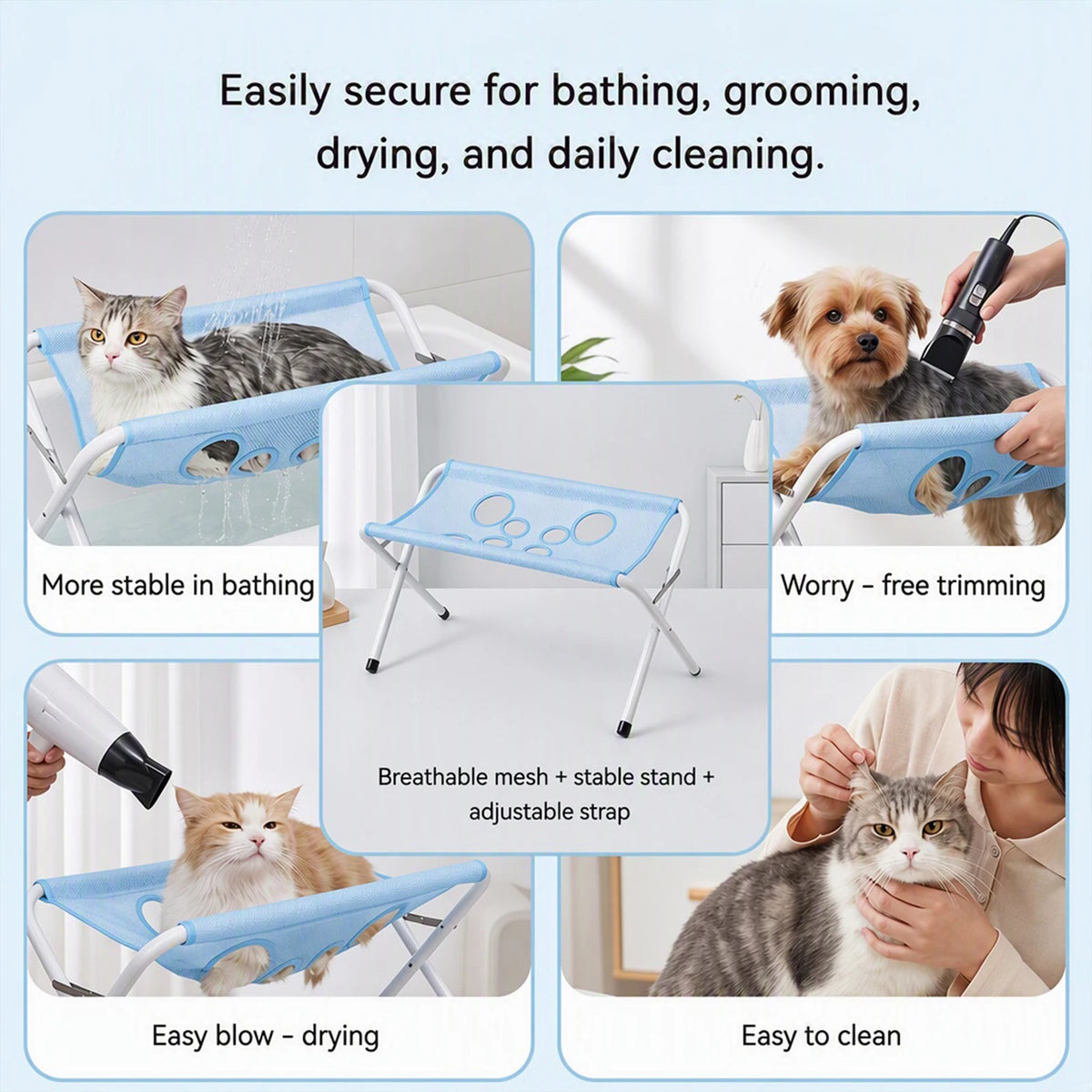 Foldable Pet Grooming and Bathing Hammock Stand Breathable Mesh Sling Pet Nail Trimming Rack Holder for Small Dogs Cats Grooming