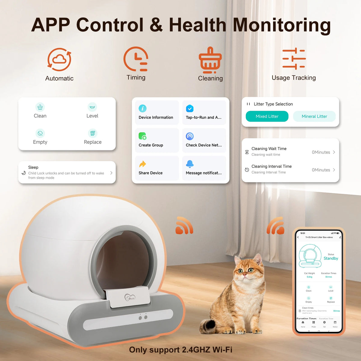 DOEL 2026 New Smart Self-Cleaning Cat Litter Box, 65L Large Space Automatic Cat Toilet, App Control, Only Support 2.4G WiFi, Compatible with Tofu and Mixed Cat Litter, Filter A Included Only, Suitable for Pet Lovers