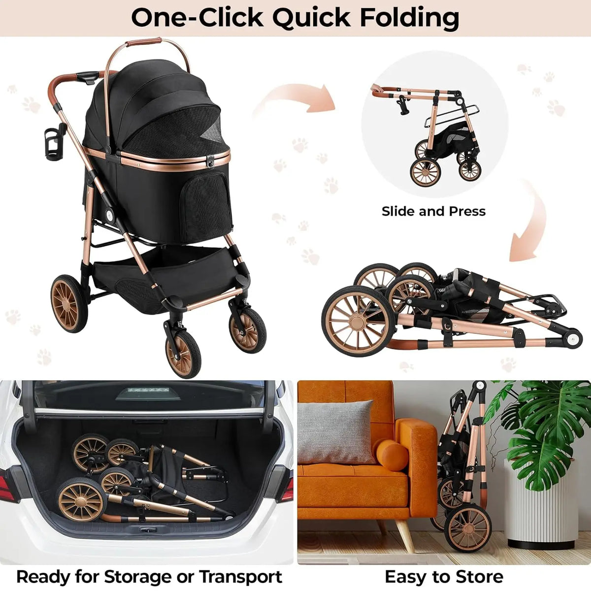 Foldable All Terrain Three In One Pet Stroller With Basket