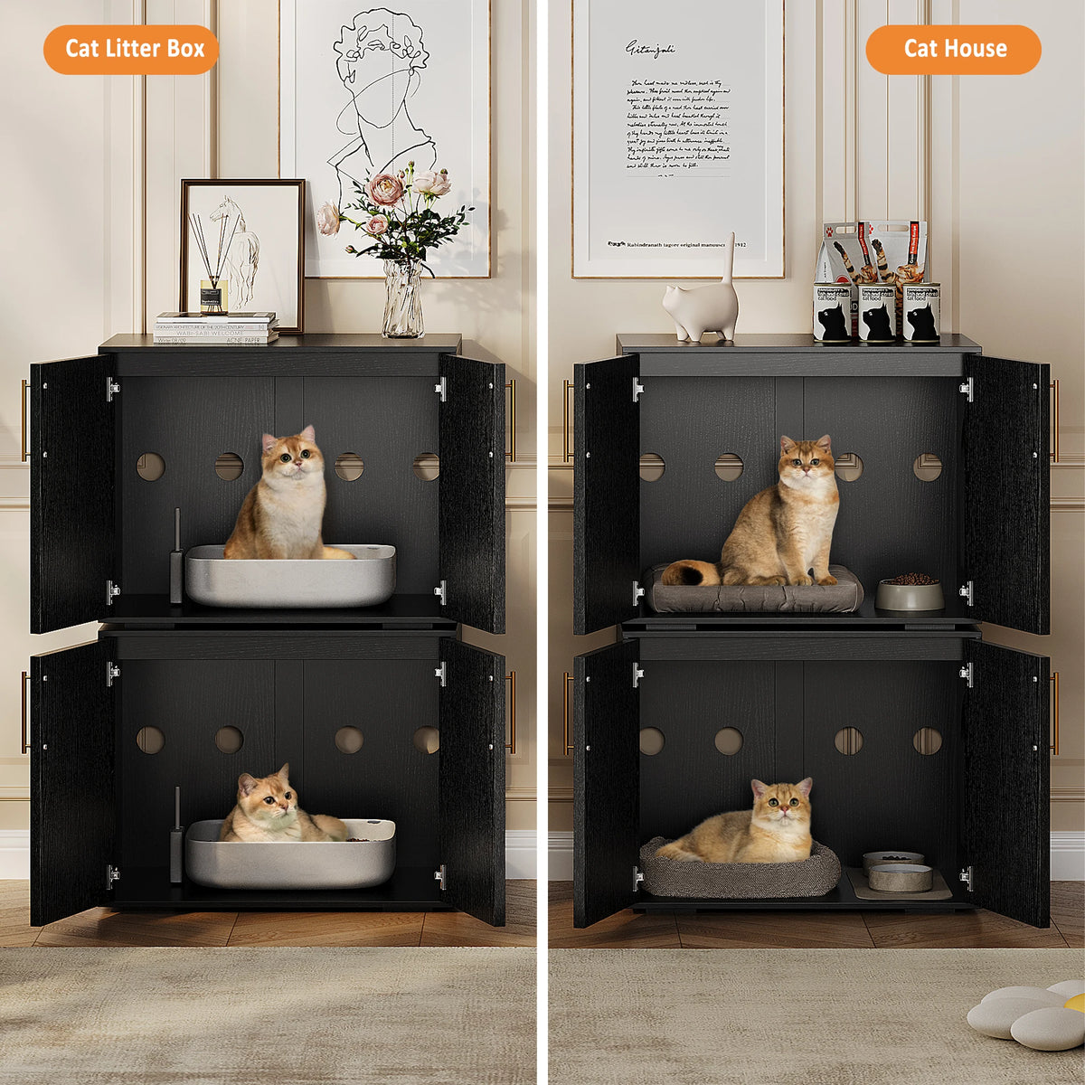 Multi-Functional Hidden Cat Litter Box Enclosure - Wooden Cat Furniture with Barn Doors, Spacious Washroom Cabinet & End Table for Indoor Living Room or Bedroom - Modern Design