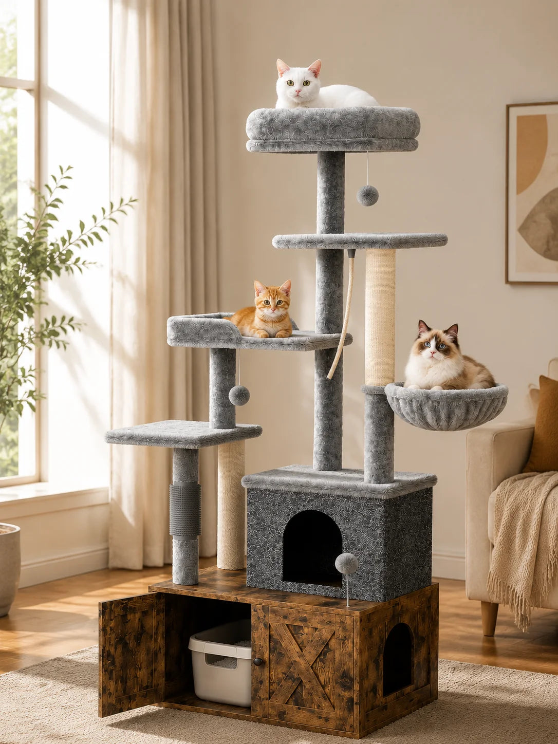 Modern Cat Tree With Hidden Litter Box Condo And Hammock