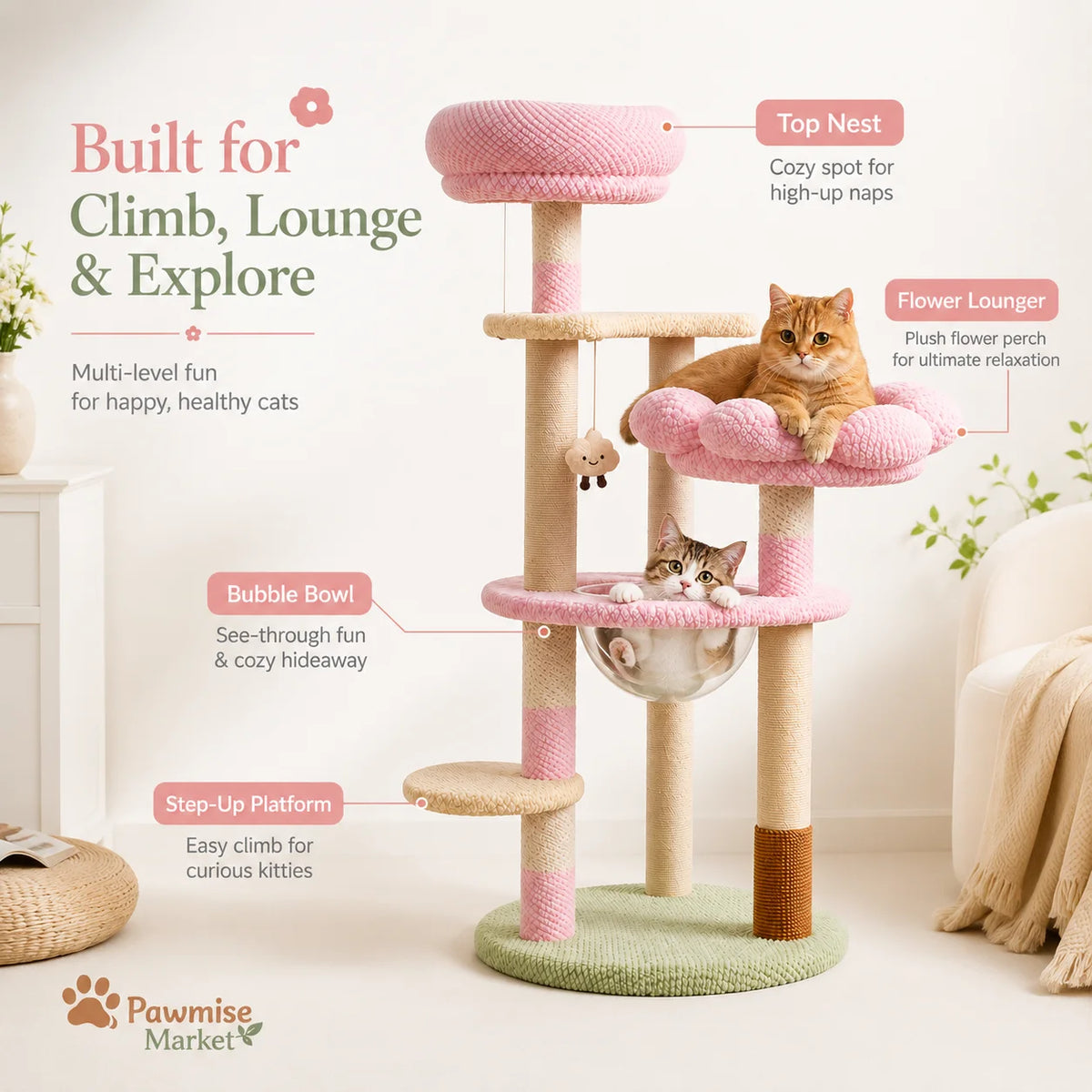 Multi Tier Cat Tree With Sisal Posts And Plush Perches