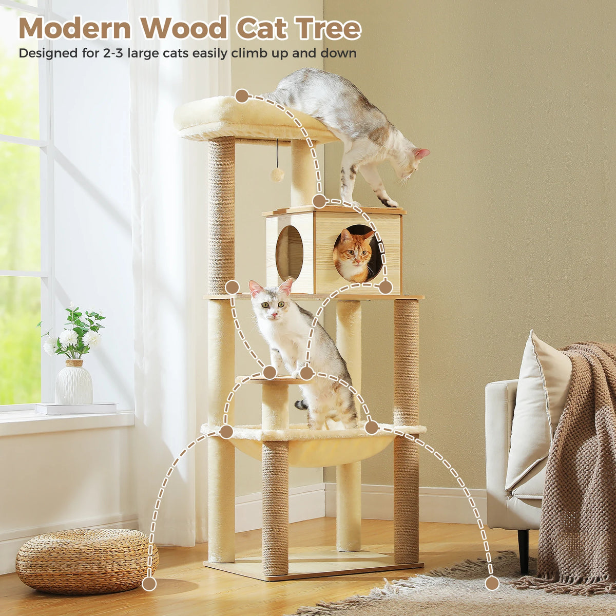 Pawz Road Wood Cat Tree with Sisal Posts Hammock Condo