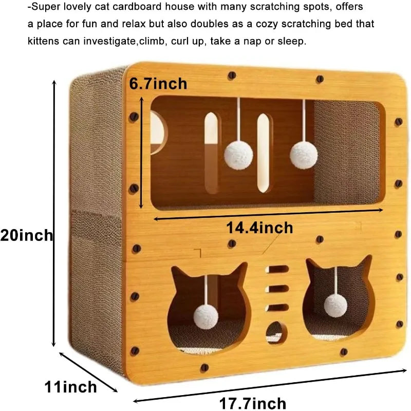 Enclosed Cat Scratcher House With Two Level Bed And Toy
