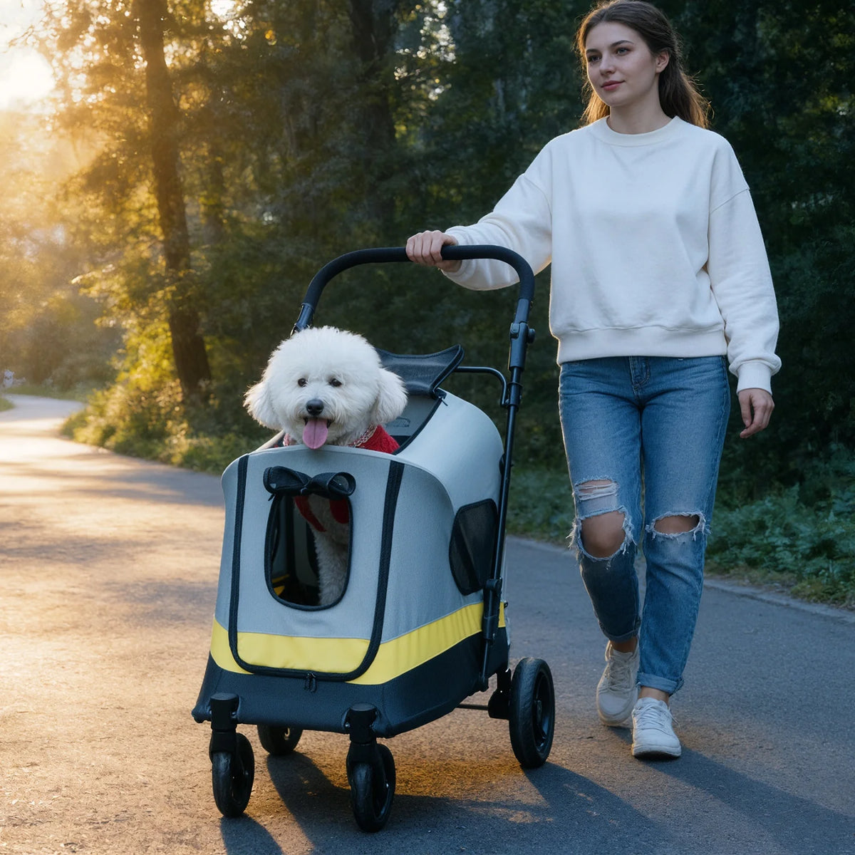Four Wheel Folding Dog Stroller With Breathable Mesh Design