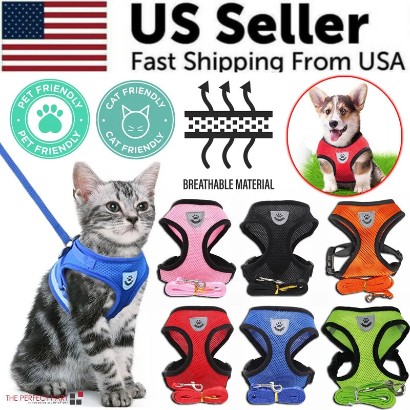 Reflective Adjustable Pet Harness With Leash For Dogs And Cats