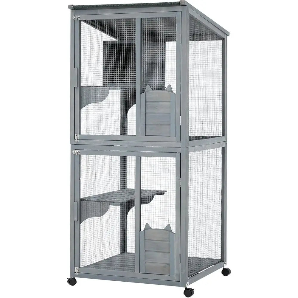 Waterproof Outdoor Catio Enclosure With Lockable Wheels And Platforms
