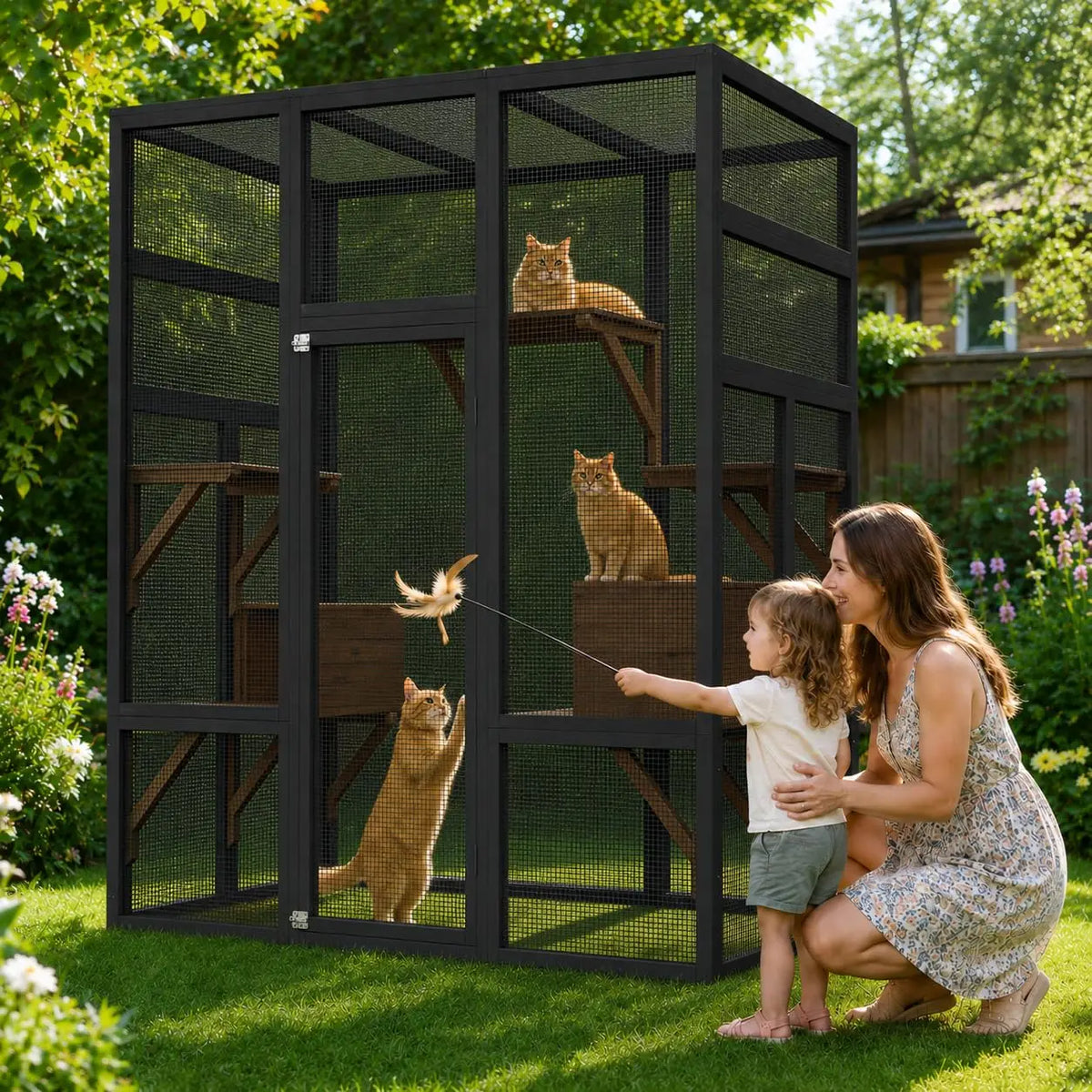 HiMiss Outdoor Wooden Catio Enclosure With Roof And Platforms