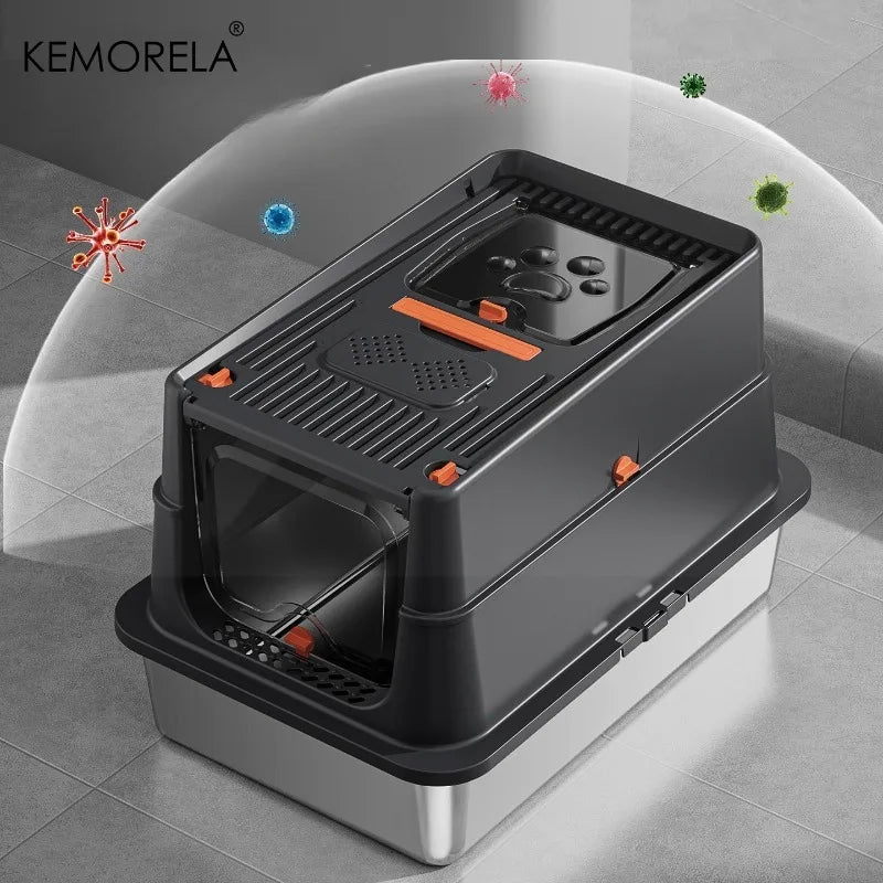 Upgraded Extra Large Enclosed Cat Litter Box with Durable Stainless Steel Base Removable Top for Semi-Enclosed Design High Fence