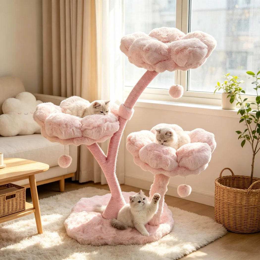 Borwart Wooden Four Tier Cat Tree With Scratching Post Toys