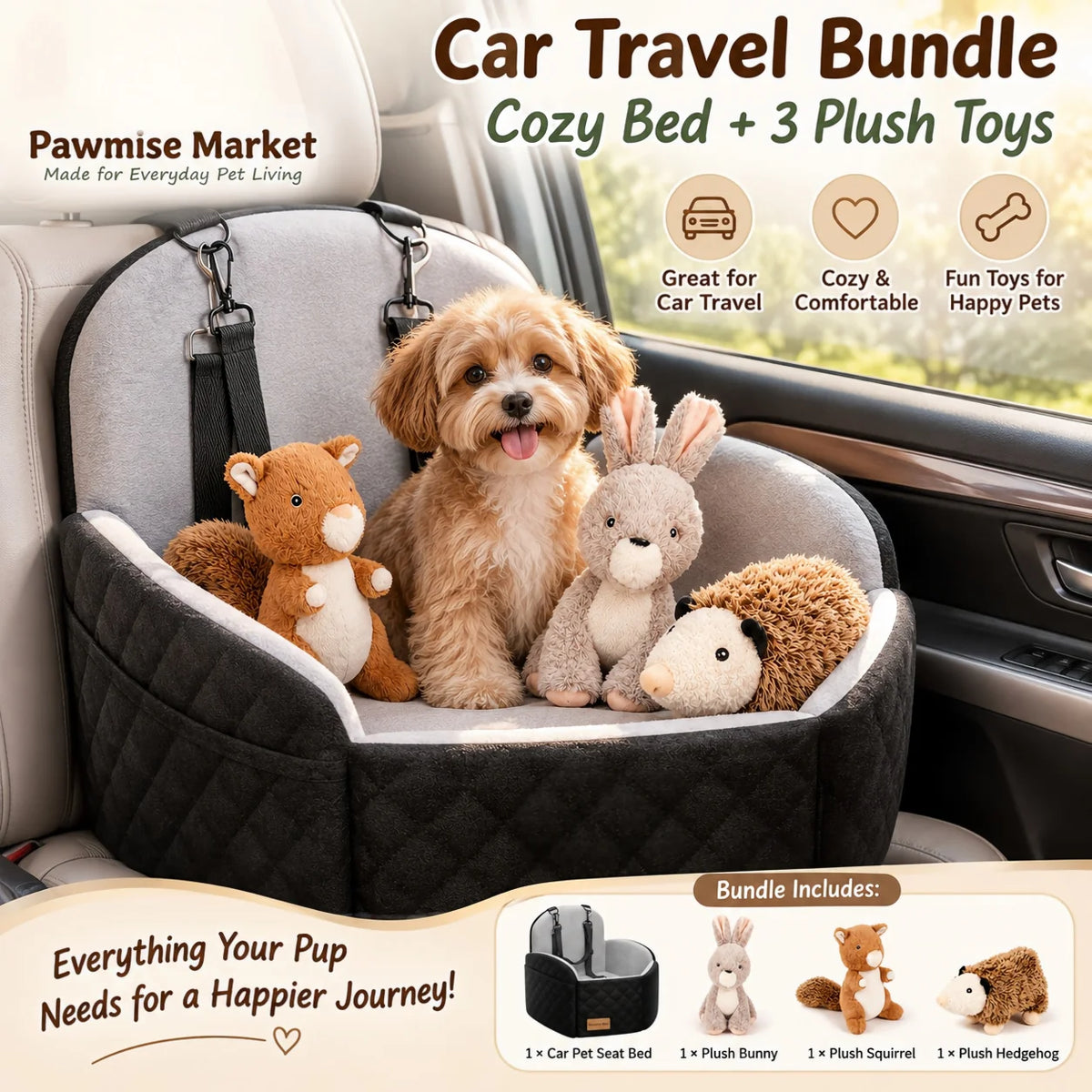 Dog Car Seat Bed With Adjustable Straps And Squeaky Toys