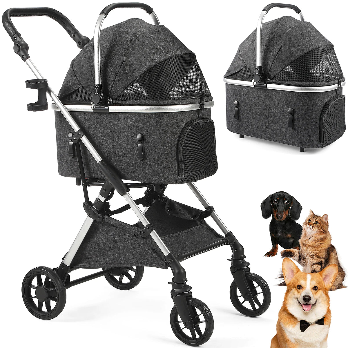 Lightweight Pet Stroller With Quick Fold Design And Detachable Carrier