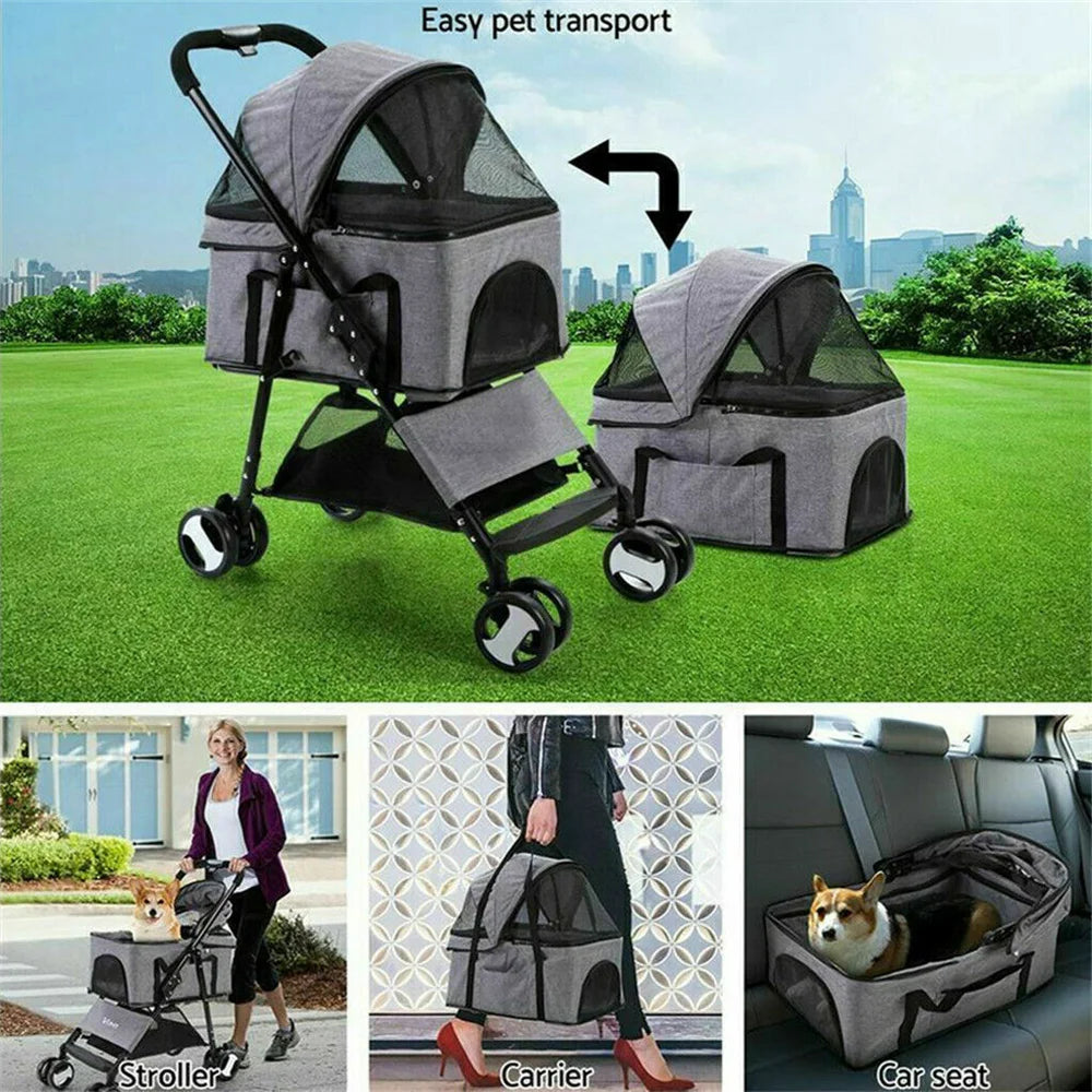 Foldable Four Wheel Pet Stroller With Detachable Storage Basket