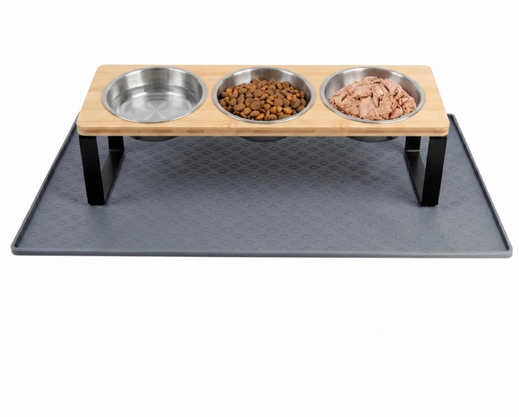 Elevated Cat Feeder With Bamboo Base And Stainless Steel Bowls