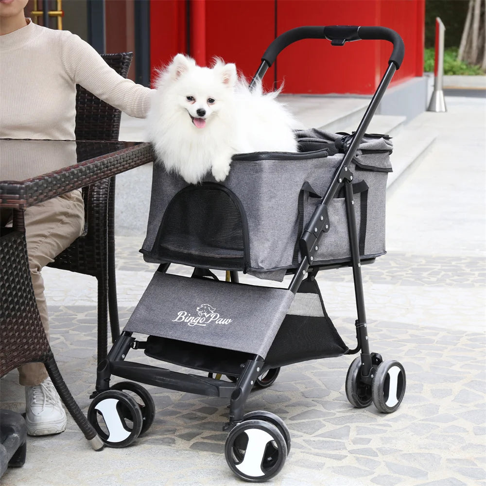 Foldable Four Wheel Pet Stroller With Detachable Storage Basket