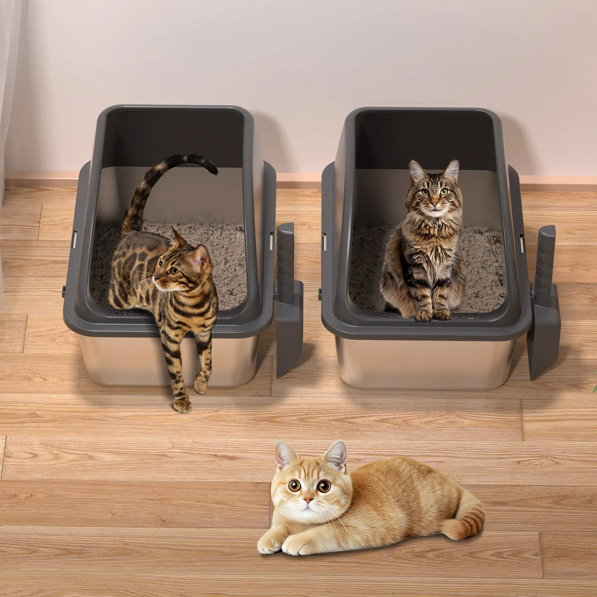 2 Pack Stainless Steel Litter Box, High Sided Metal Cat Litter Tray with Scoop, Filter Pedal for Anti-Splash, Odor Control