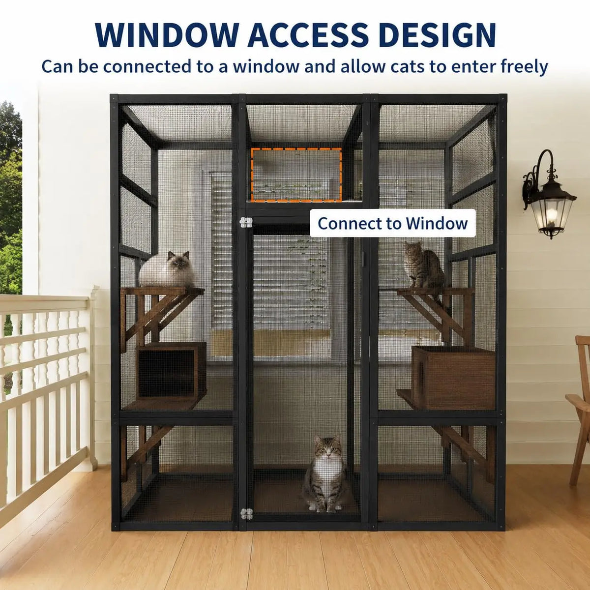 HiMiss Outdoor Wooden Catio Enclosure With Roof And Platforms