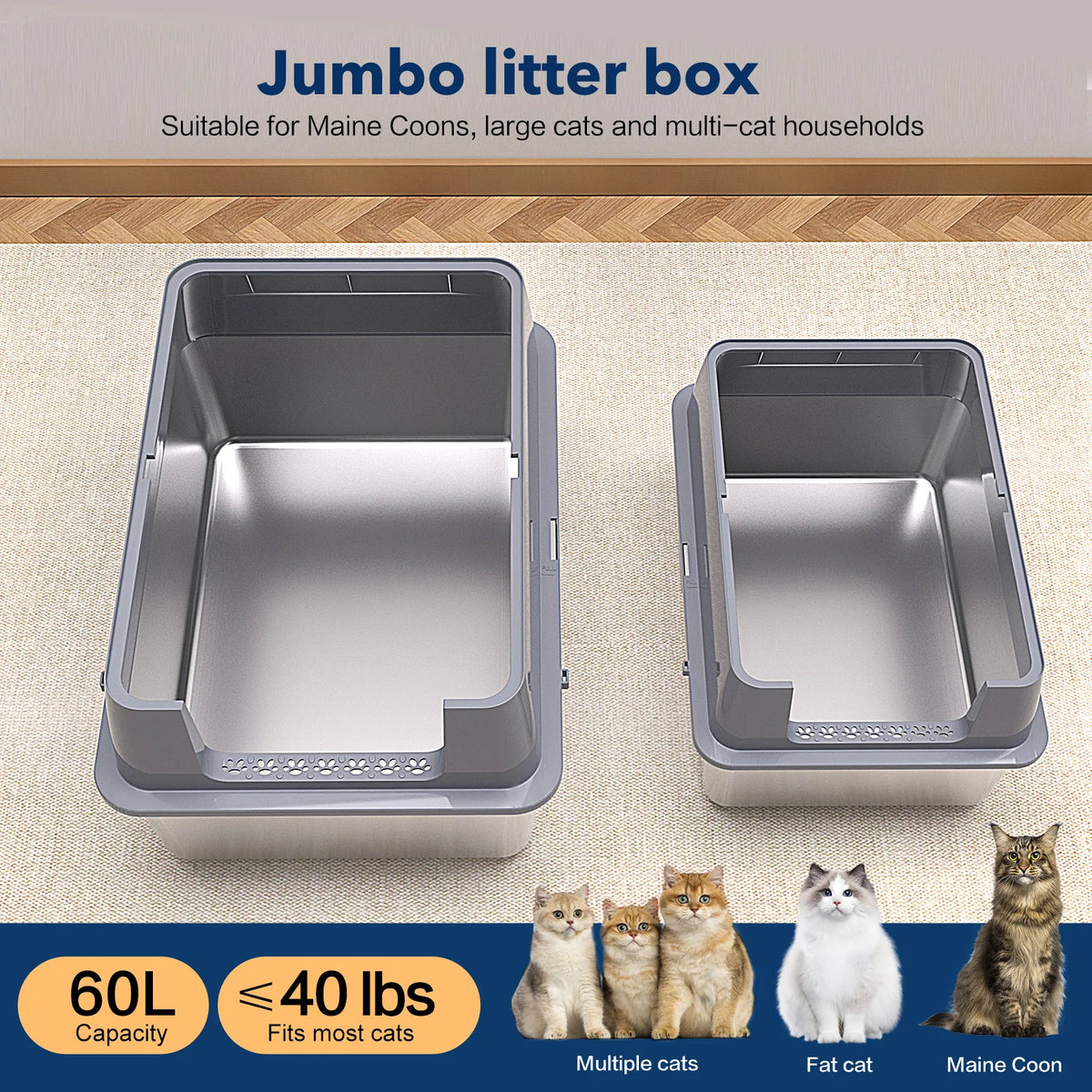 Extra Large XXL Stainless Steel Cat Litter Box with Lid, 26' L X 18' W X 12' H Metal Litter Box with High Sides for Big Cats
