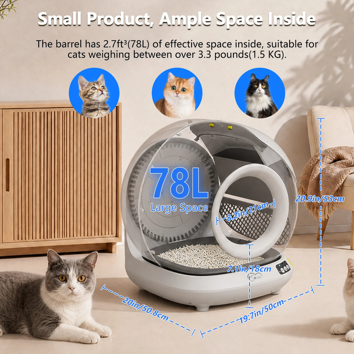 DOEL Smart Self-Cleaning Cat Litter Box With App Control, Only Supports 2.4G WiFi, 78L Capacity,Includes Trash Bags, 4 Set Of Gravity Sensors For Cat Safety Compatible With Tofu & Mixed Litters, Automatic Cat Litter Box