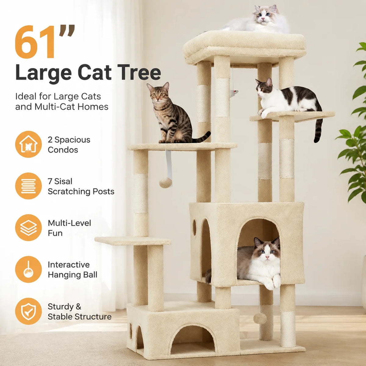 Large Indoor Cat Tree With Scratching Posts And Hanging Toys