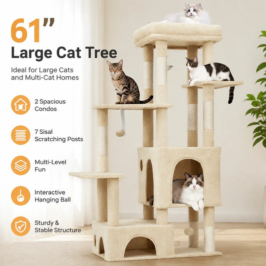Large Indoor Cat Tree With Scratching Posts And Hanging Toys