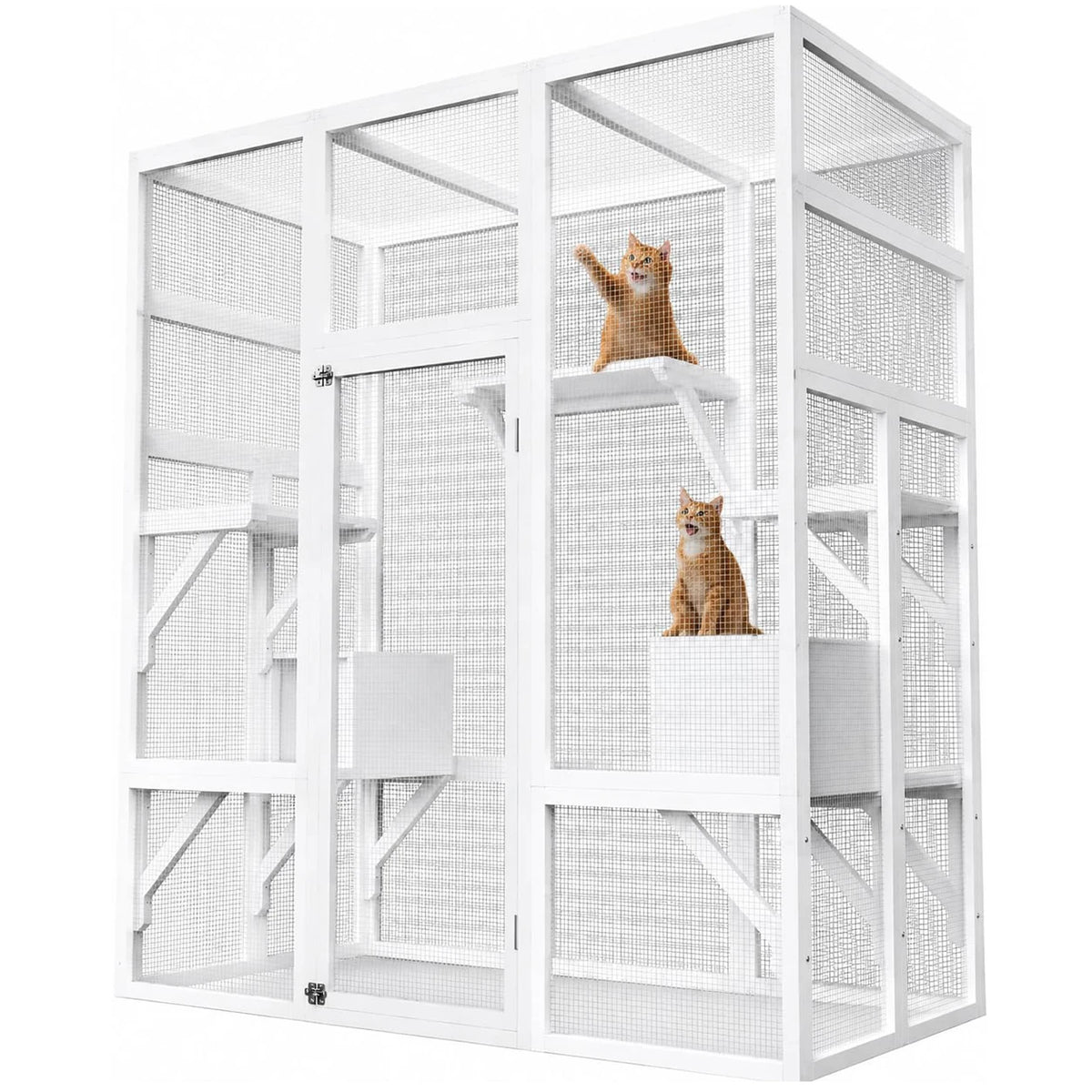 HiMiss Outdoor Wooden Catio Enclosure With Roof And Platforms