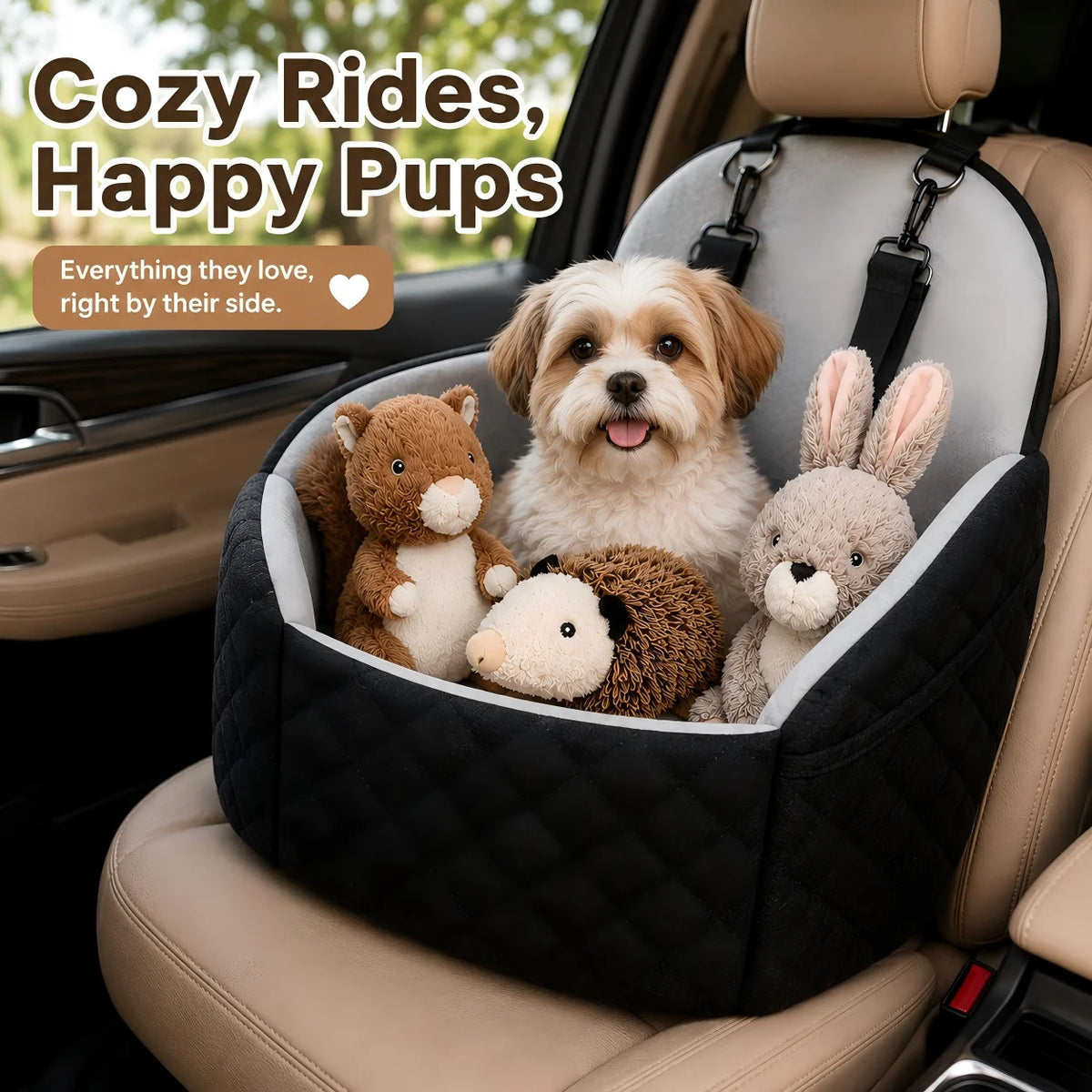 Dog Car Seat Bed With Adjustable Straps And Squeaky Toys