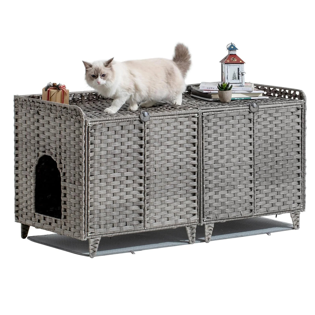 DishyKooker Rattan Double Door Cat Litter Box Cabinet