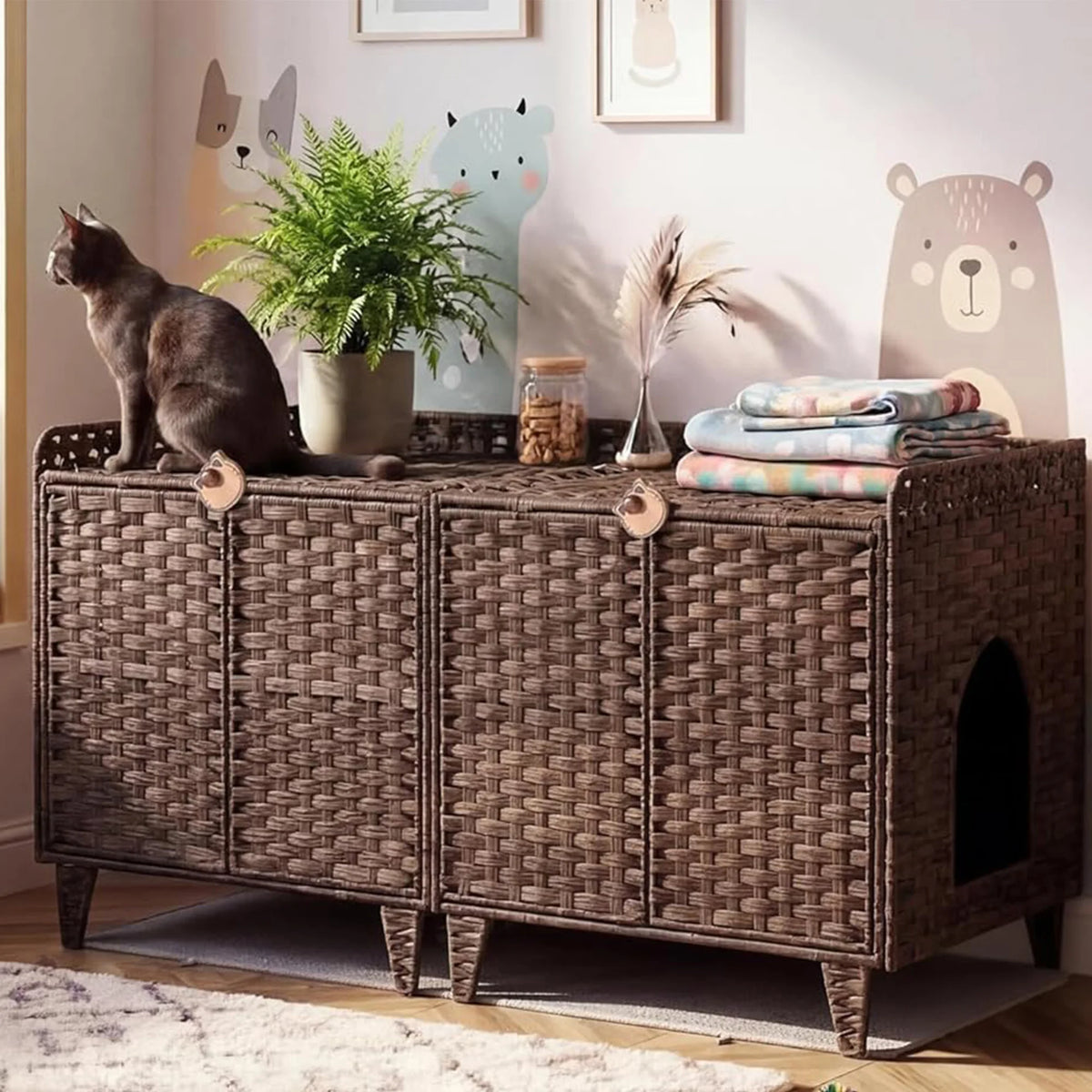 DishyKooker Rattan Double Door Cat Litter Box Cabinet