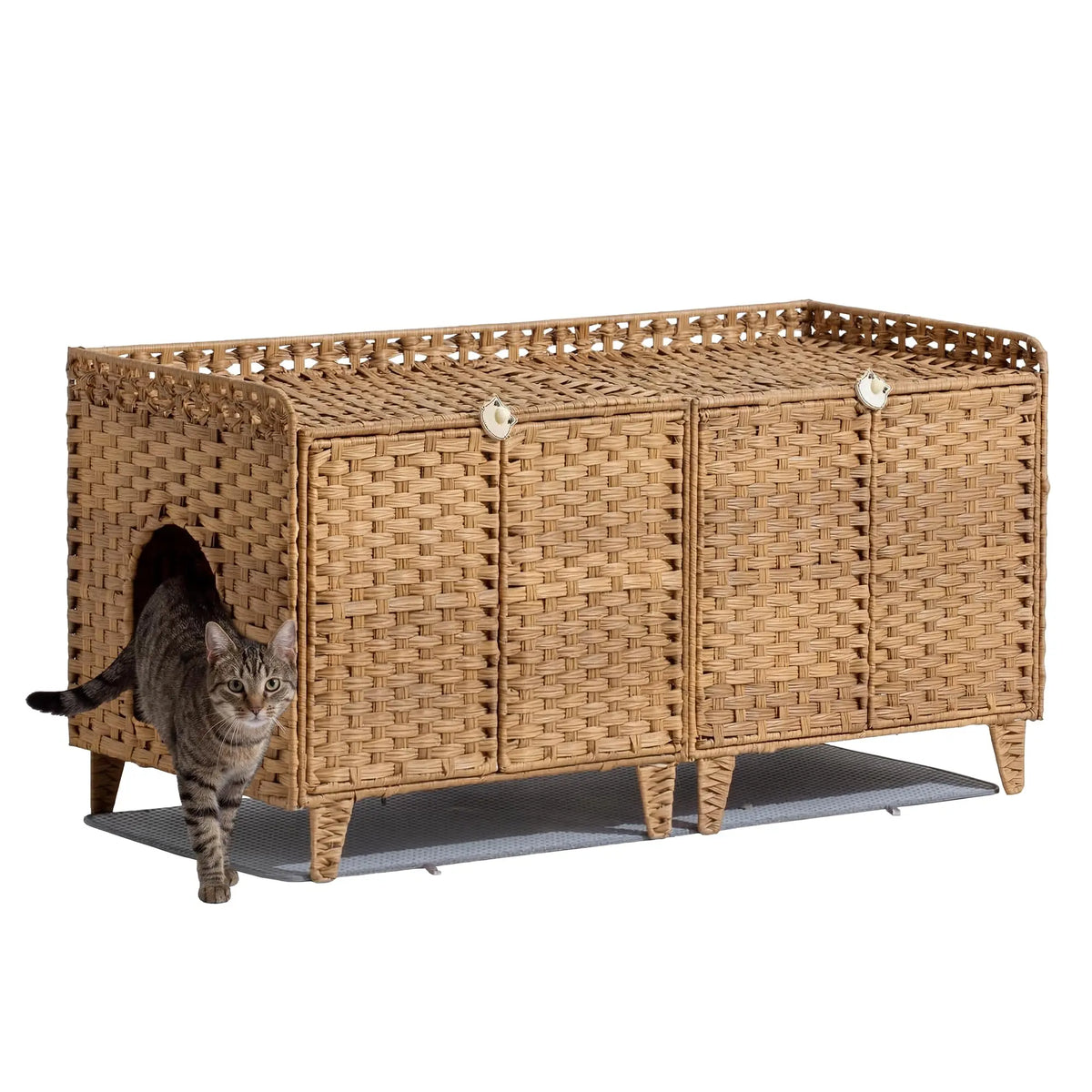 DishyKooker Rattan Double Door Cat Litter Box Cabinet