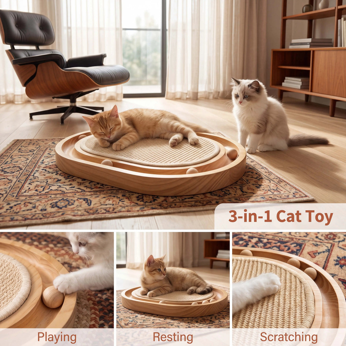3-in-1 Wooden Cat Scratcher Toy with Sisal and Rolling Balls