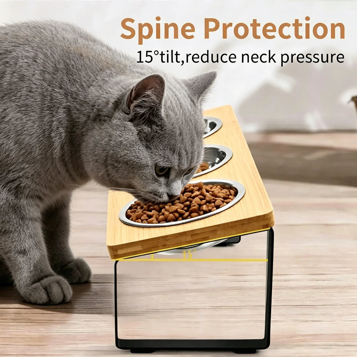 Elevated Cat Feeder With Bamboo Base And Stainless Steel Bowls