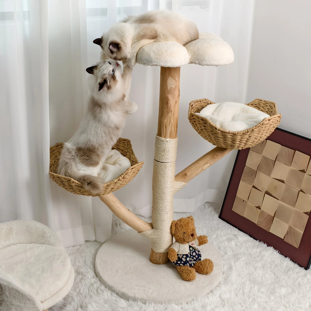 Borwart Wooden Cat Tree With Sisal Scratching Posts And Mats