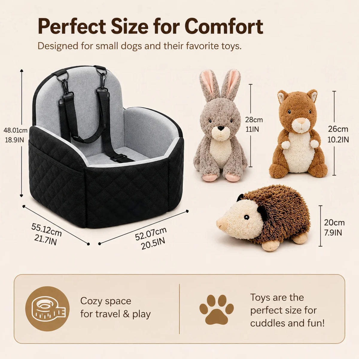 Dog Car Seat Bed With Adjustable Straps And Squeaky Toys